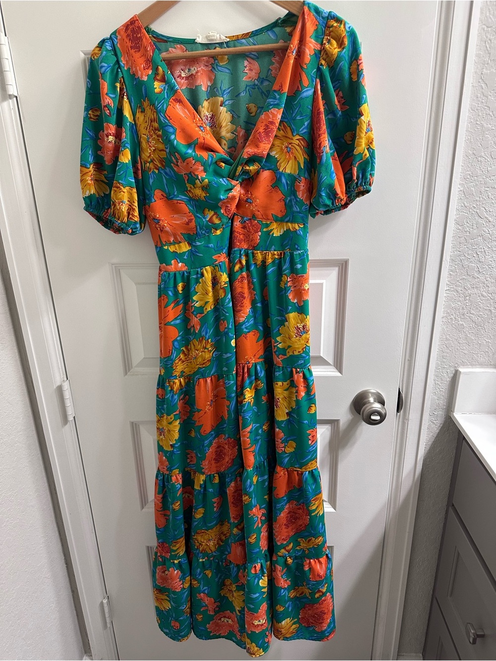 entro Teal Maxi Dress with Orange & Yellow Floral Print